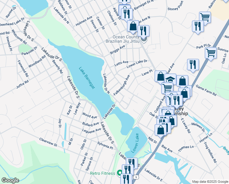map of restaurants, bars, coffee shops, grocery stores, and more near 274 Falkenburgh Avenue in Lacey Township