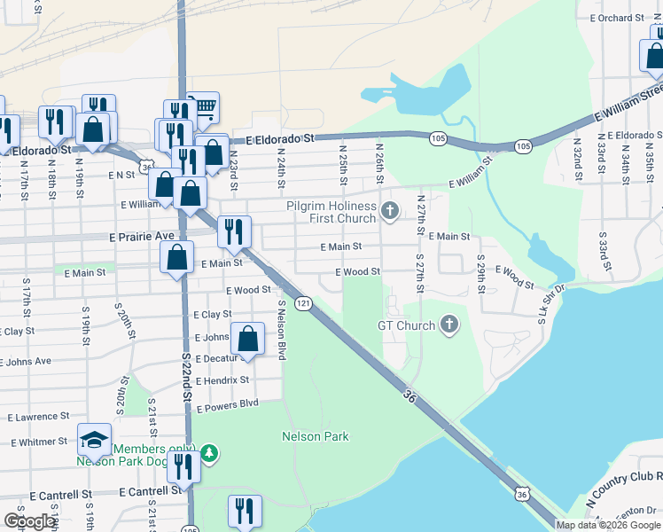 map of restaurants, bars, coffee shops, grocery stores, and more near 200-252 South 25th Street in Decatur