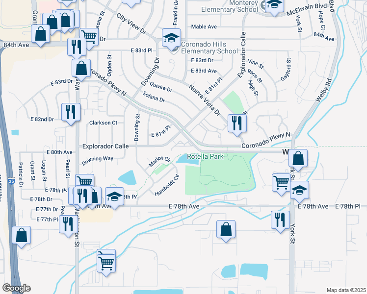 map of restaurants, bars, coffee shops, grocery stores, and more near 7946 Humboldt Circle in Thornton