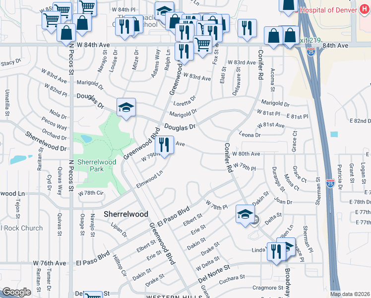 map of restaurants, bars, coffee shops, grocery stores, and more near 680 West 79th Place in Denver