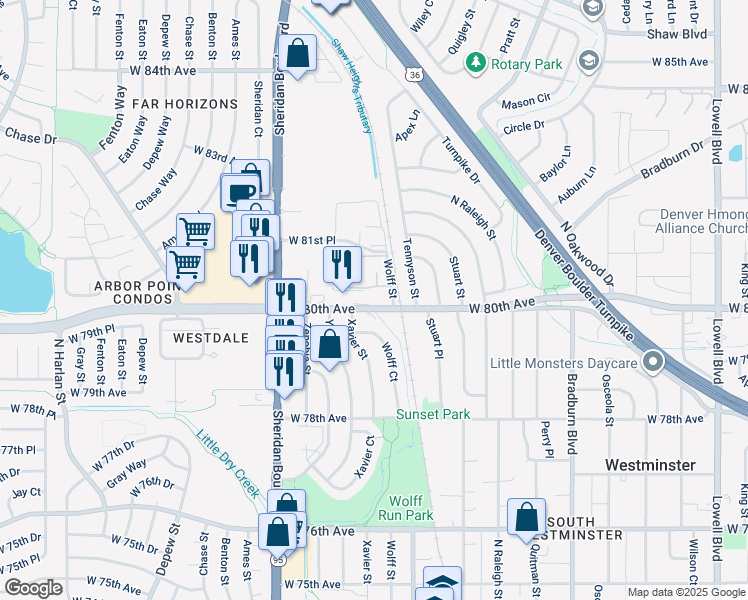 map of restaurants, bars, coffee shops, grocery stores, and more near 4860 West 80th Avenue in Westminster