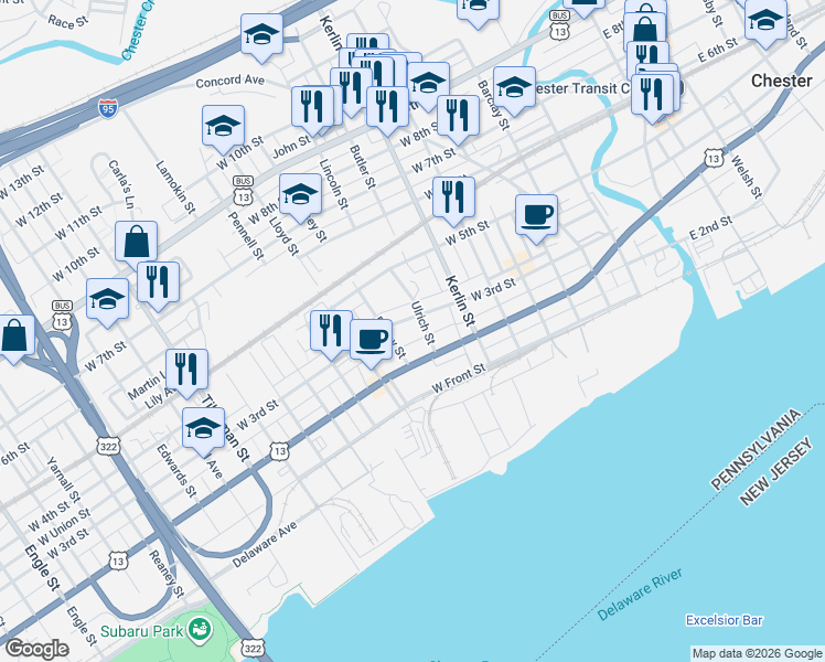 map of restaurants, bars, coffee shops, grocery stores, and more near 843 Mary Street in Chester
