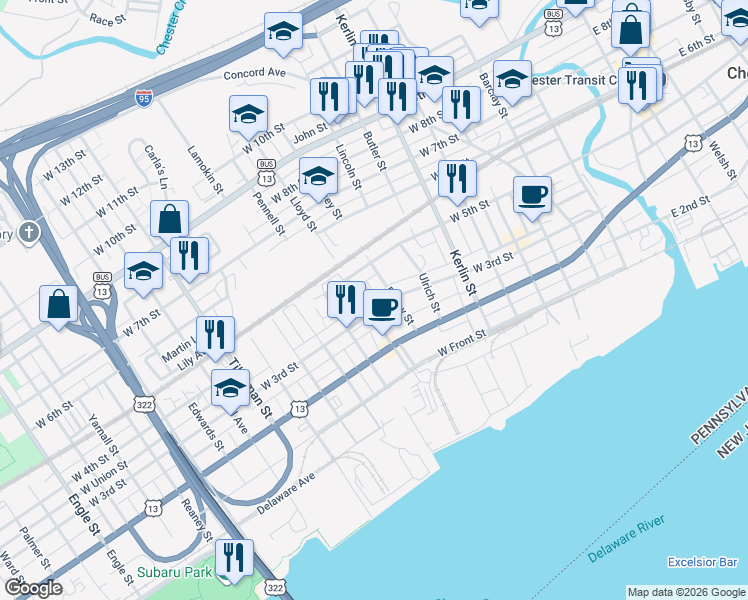 map of restaurants, bars, coffee shops, grocery stores, and more near 929 West 3rd Street in Chester
