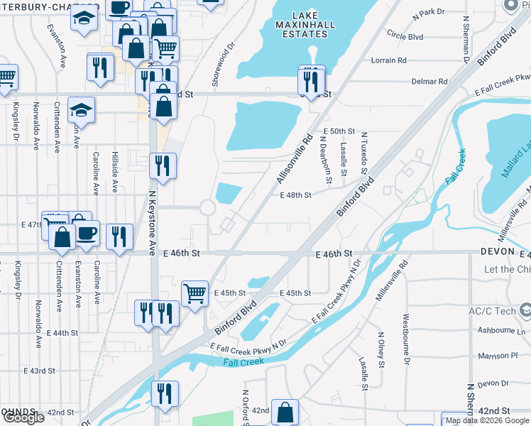 map of restaurants, bars, coffee shops, grocery stores, and more near 2917 East 47th Street in Indianapolis