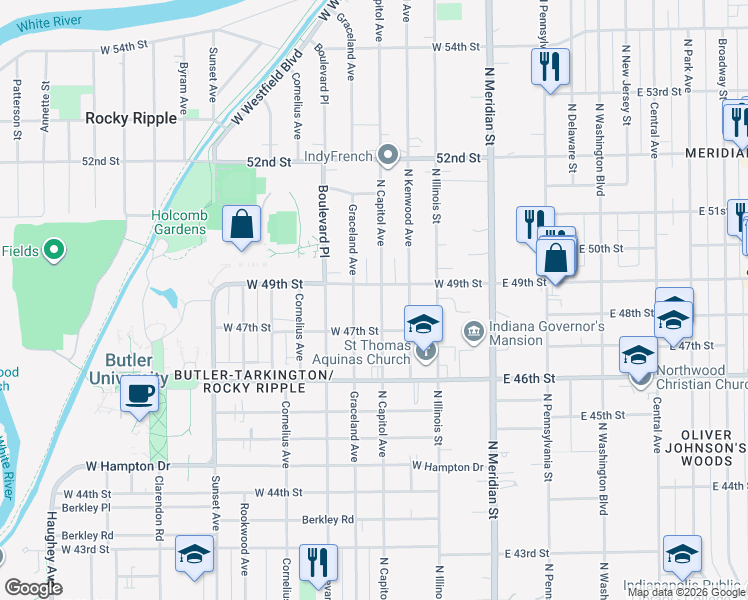 map of restaurants, bars, coffee shops, grocery stores, and more near 4709 North Capitol Avenue in Indianapolis