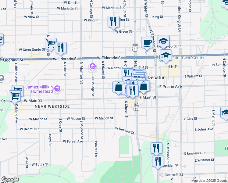 map of restaurants, bars, coffee shops, grocery stores, and more near 276 West Main Street in Decatur