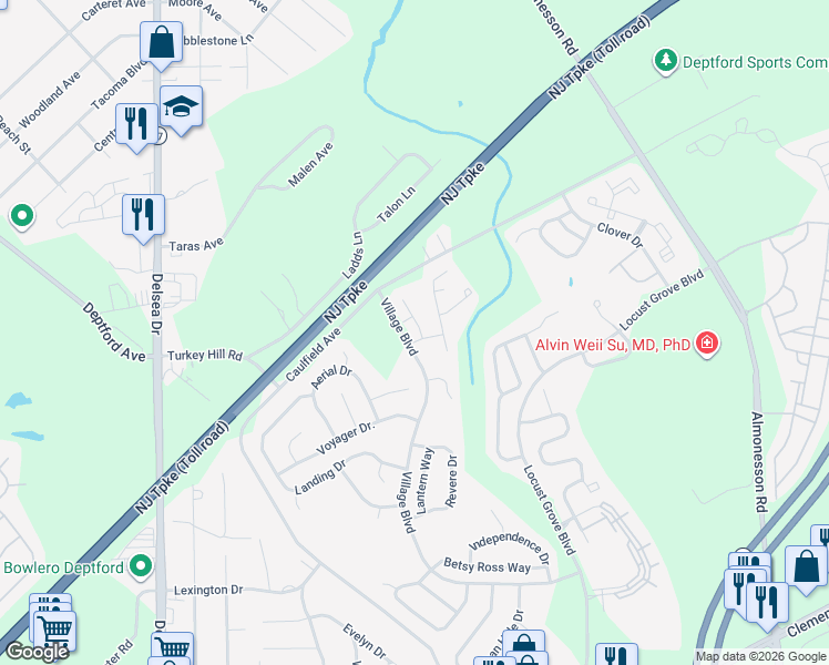map of restaurants, bars, coffee shops, grocery stores, and more near 101 Winterberry Way in Deptford