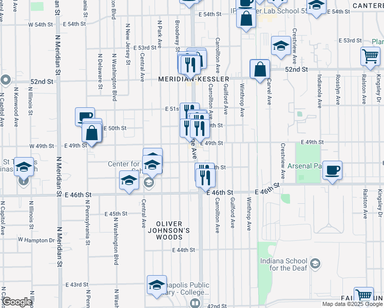 map of restaurants, bars, coffee shops, grocery stores, and more near 4816 North College Avenue in Indianapolis