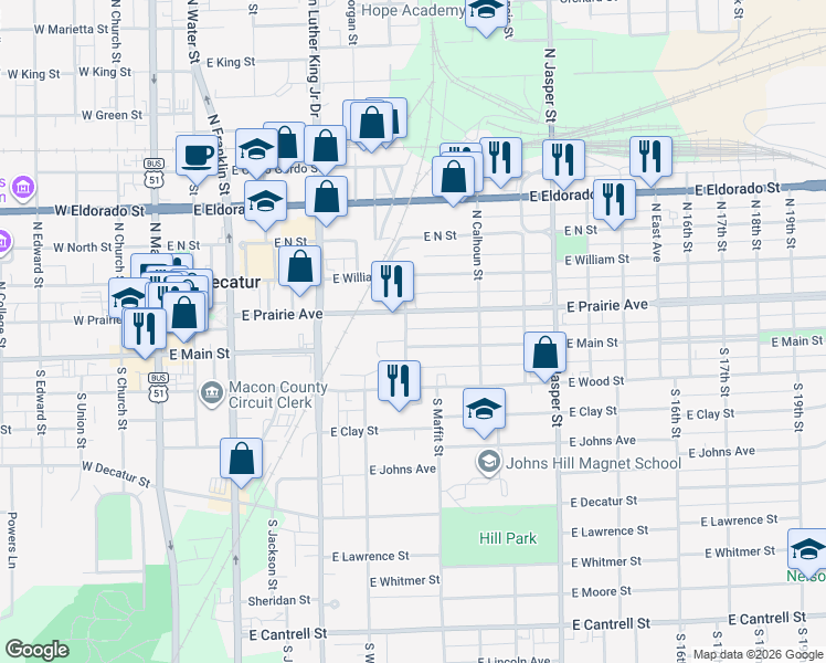 map of restaurants, bars, coffee shops, grocery stores, and more near 833 East Main Street in Decatur