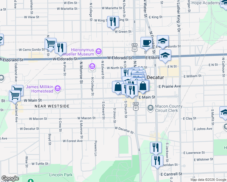 map of restaurants, bars, coffee shops, grocery stores, and more near 276 West Main Street in Decatur