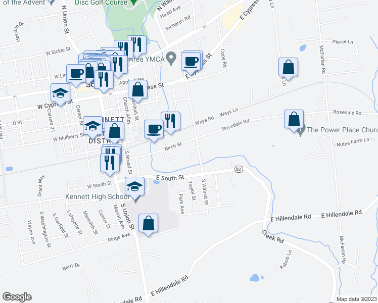 map of restaurants, bars, coffee shops, grocery stores, and more near 612 Crossing Court in Kennett Square