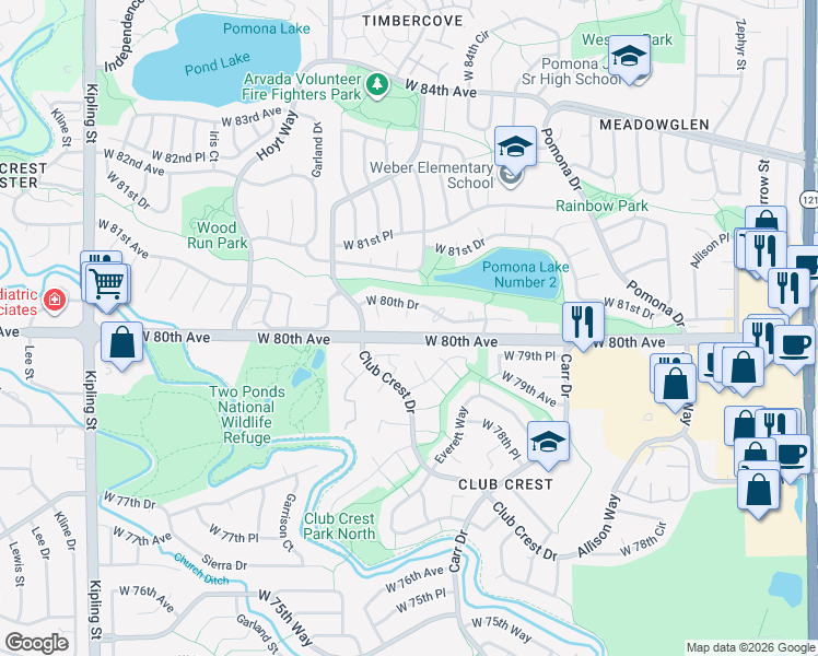 map of restaurants, bars, coffee shops, grocery stores, and more near 8002 Field Court in Arvada