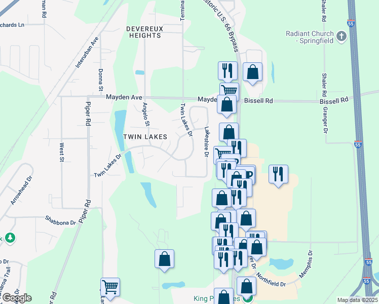 map of restaurants, bars, coffee shops, grocery stores, and more near 3033 Twin Lakes Drive in Springfield