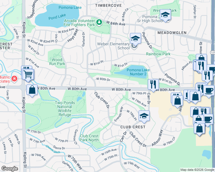 map of restaurants, bars, coffee shops, grocery stores, and more near 7980 Estes Court in Arvada