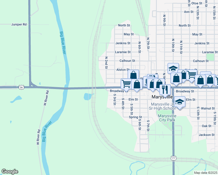 map of restaurants, bars, coffee shops, grocery stores, and more near 105 Center Street in Marysville
