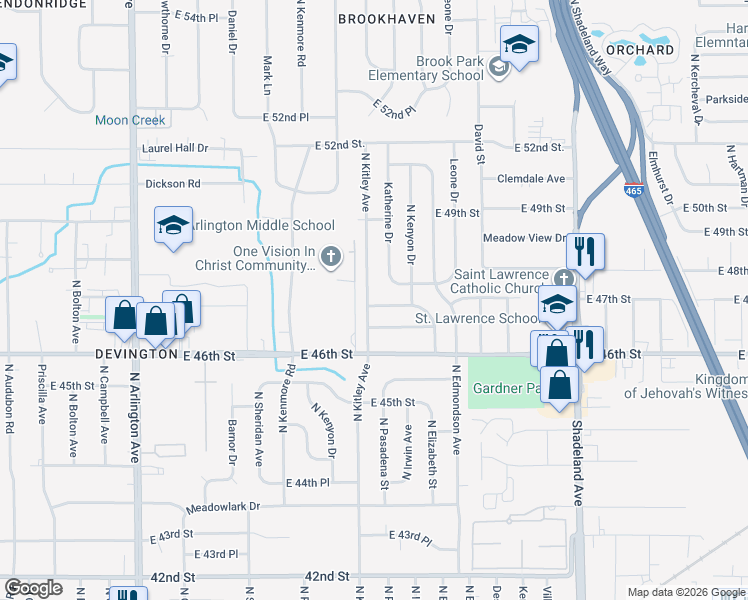 map of restaurants, bars, coffee shops, grocery stores, and more near 6602 East 47th Street in Indianapolis