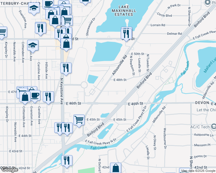 map of restaurants, bars, coffee shops, grocery stores, and more near 2917 East 47th Street in Indianapolis