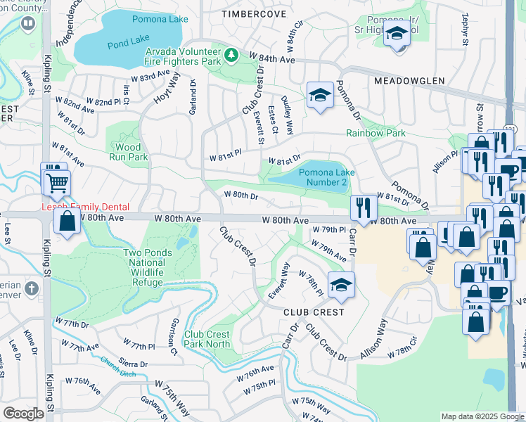 map of restaurants, bars, coffee shops, grocery stores, and more near 8940 West 80th Drive in Arvada