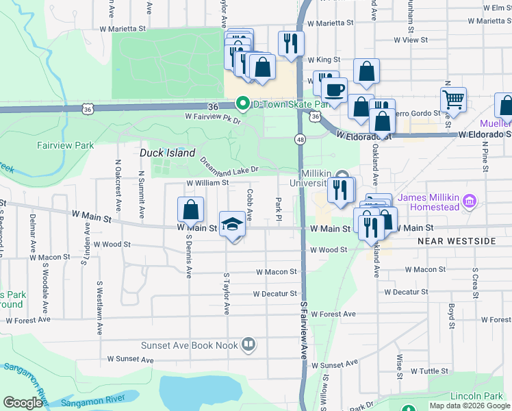 map of restaurants, bars, coffee shops, grocery stores, and more near 1396 West Main Street in Decatur