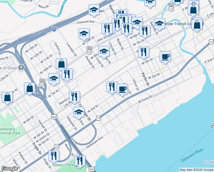 map of restaurants, bars, coffee shops, grocery stores, and more near 1029 West 5th Street in Chester