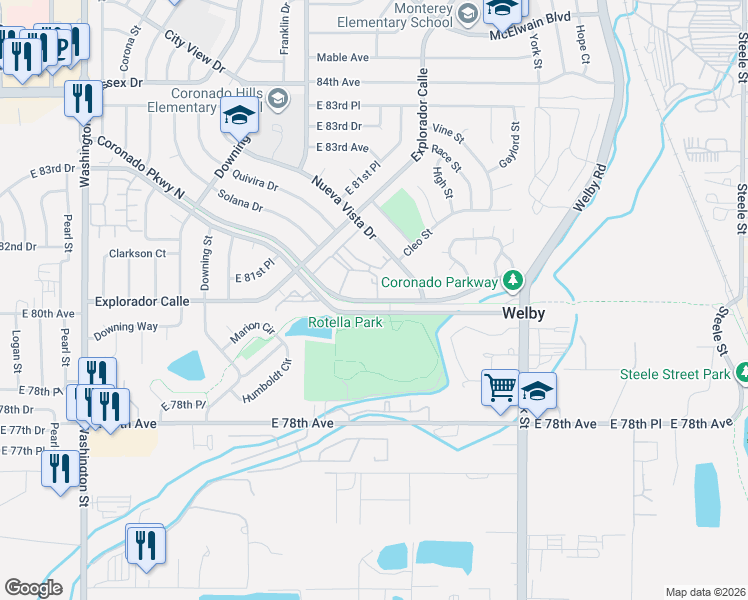 map of restaurants, bars, coffee shops, grocery stores, and more near 9065 Grant Street in Thornton