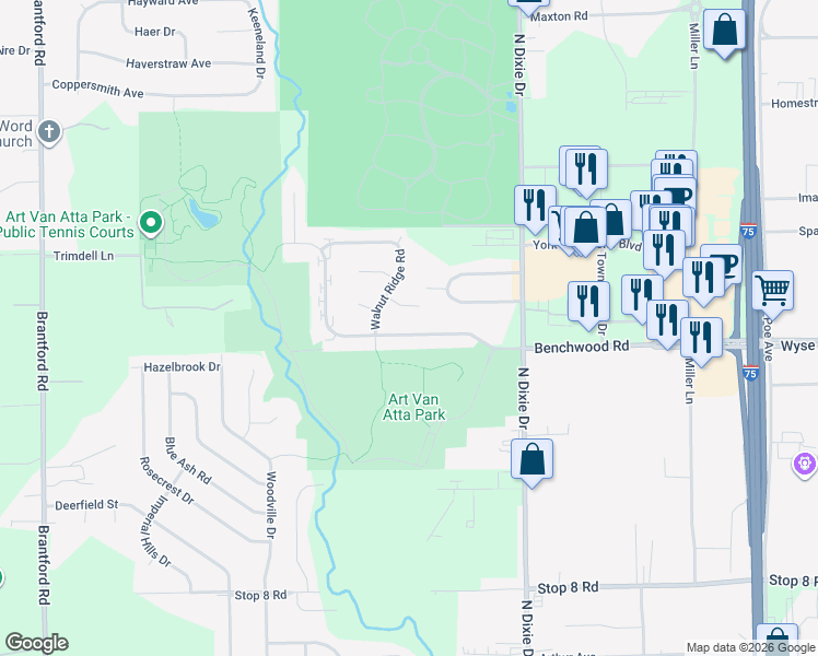 map of restaurants, bars, coffee shops, grocery stores, and more near 3130 Benchwood Road in Dayton