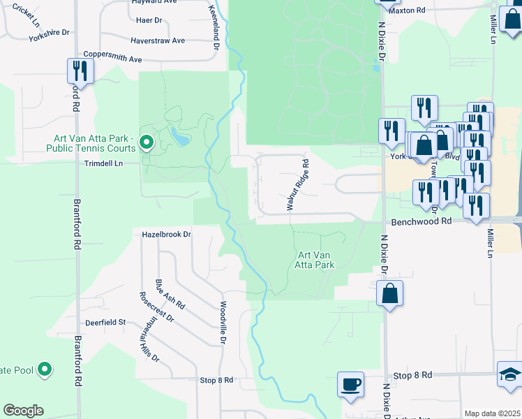 map of restaurants, bars, coffee shops, grocery stores, and more near 3068 Benchwood Road in Dayton