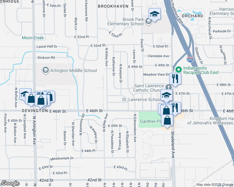 map of restaurants, bars, coffee shops, grocery stores, and more near 6630 East 47th Street in Indianapolis