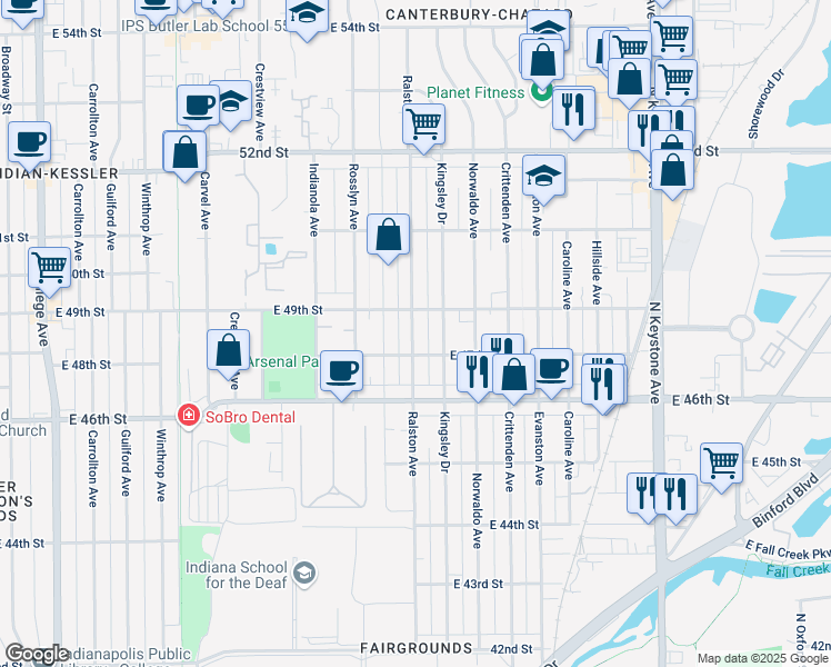 map of restaurants, bars, coffee shops, grocery stores, and more near 4640 Ralston Avenue in Indianapolis