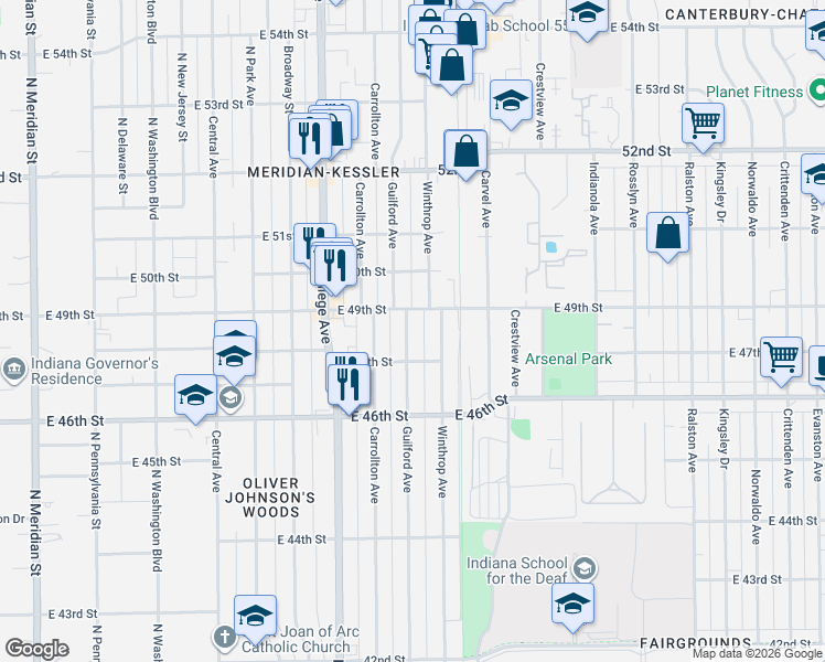 map of restaurants, bars, coffee shops, grocery stores, and more near 918 East 48th Street in Indianapolis