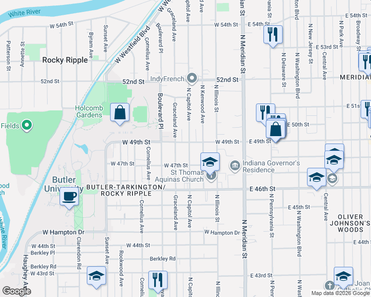 map of restaurants, bars, coffee shops, grocery stores, and more near 4709 North Capitol Avenue in Indianapolis