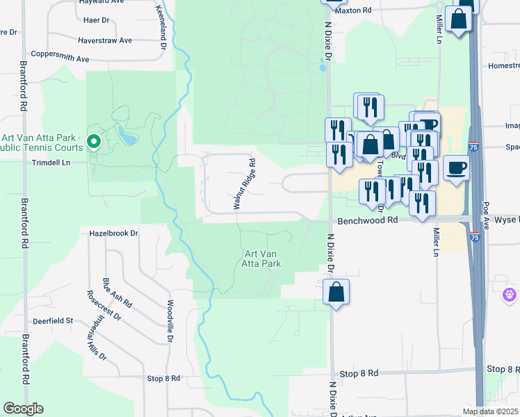 map of restaurants, bars, coffee shops, grocery stores, and more near 3121 Benchwood Road in Dayton