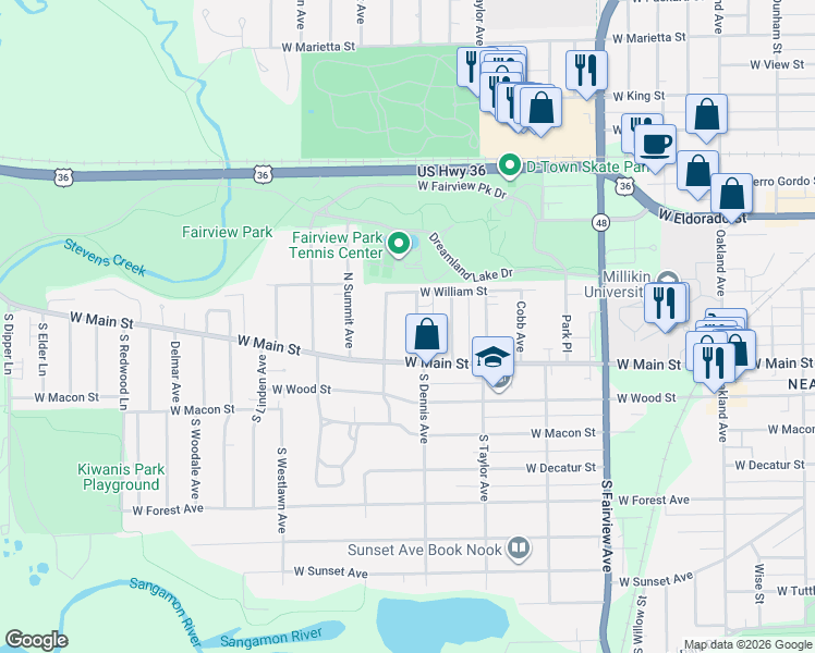 map of restaurants, bars, coffee shops, grocery stores, and more near 124 North Dennis Avenue in Decatur
