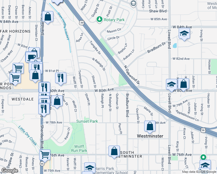 map of restaurants, bars, coffee shops, grocery stores, and more near 4200 West 80th Place in Westminster