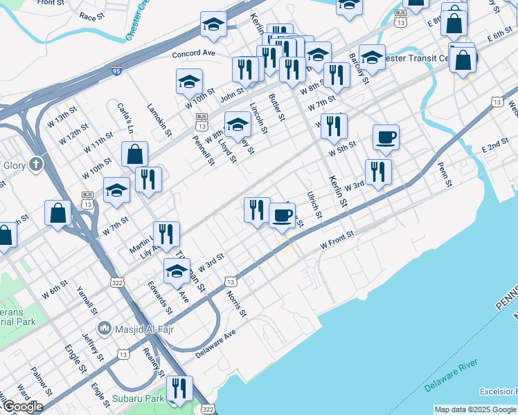map of restaurants, bars, coffee shops, grocery stores, and more near 324 Lloyd Street in Chester