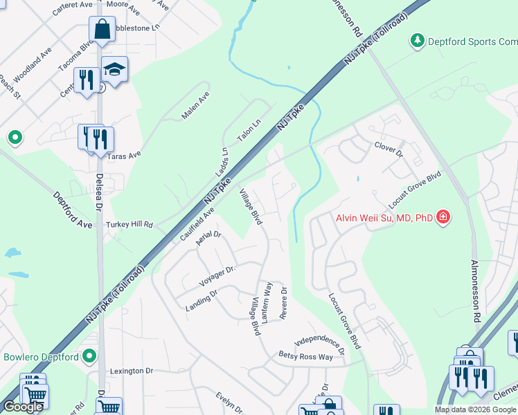 map of restaurants, bars, coffee shops, grocery stores, and more near 101 Winterberry Way in Deptford