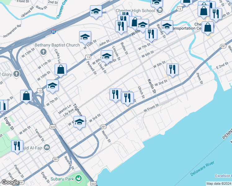 map of restaurants, bars, coffee shops, grocery stores, and more near 324 Lloyd Street in Chester