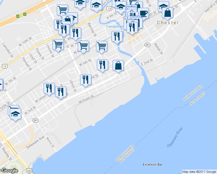 map of restaurants, bars, coffee shops, grocery stores, and more near 426 West Front Street in Chester