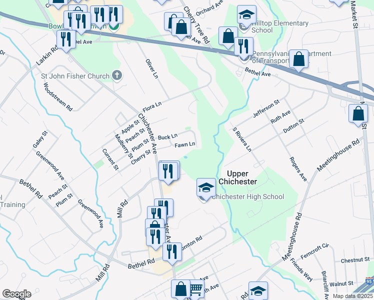 map of restaurants, bars, coffee shops, grocery stores, and more near 5 Buck Lane in Boothwyn