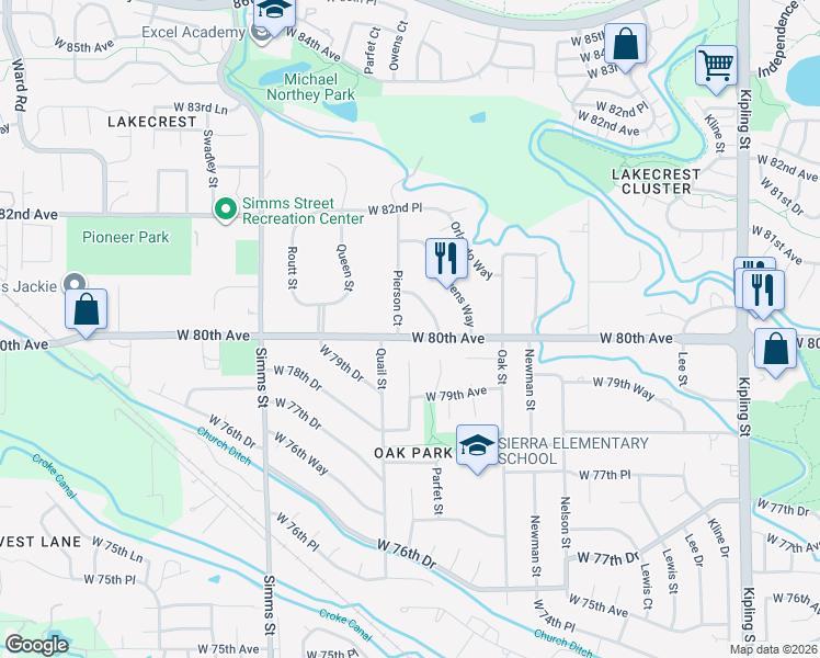 map of restaurants, bars, coffee shops, grocery stores, and more near 8058 Pierson Court in Arvada
