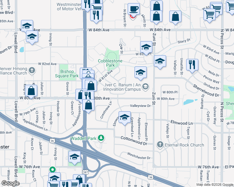 map of restaurants, bars, coffee shops, grocery stores, and more near 8053 Clay Drive in Westminster