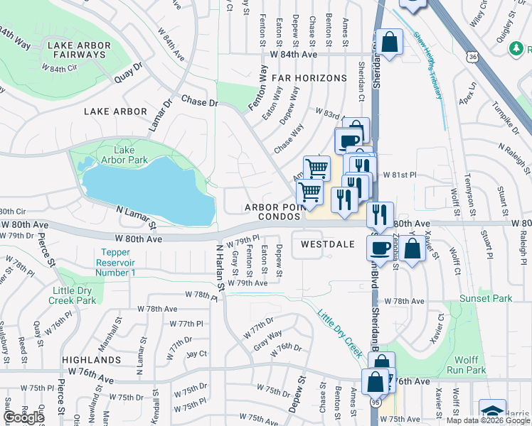 map of restaurants, bars, coffee shops, grocery stores, and more near 8052 Fenton Court in Arvada