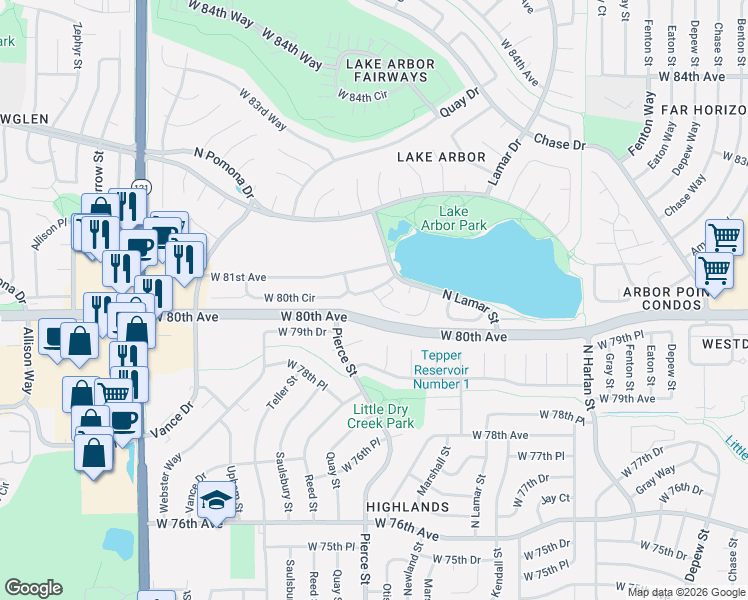 map of restaurants, bars, coffee shops, grocery stores, and more near 6492 West 81st Avenue in Arvada