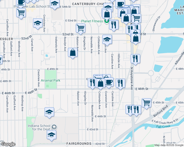 map of restaurants, bars, coffee shops, grocery stores, and more near 4901 Norwaldo Avenue in Indianapolis