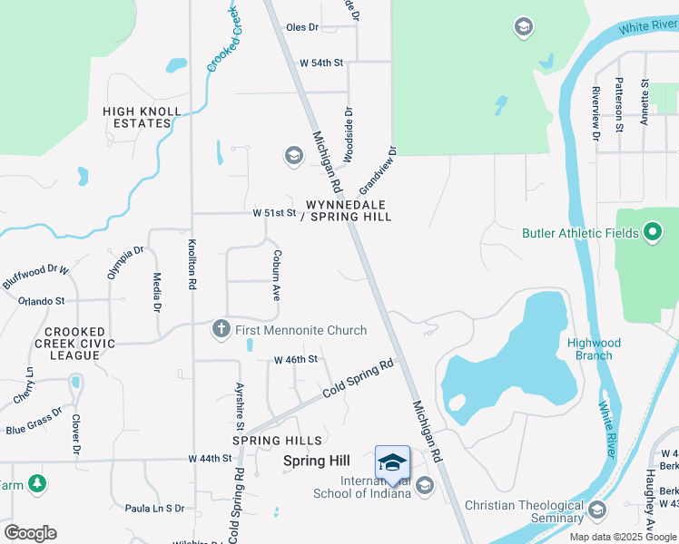 map of restaurants, bars, coffee shops, grocery stores, and more near 4800 North Michigan Road in Indianapolis