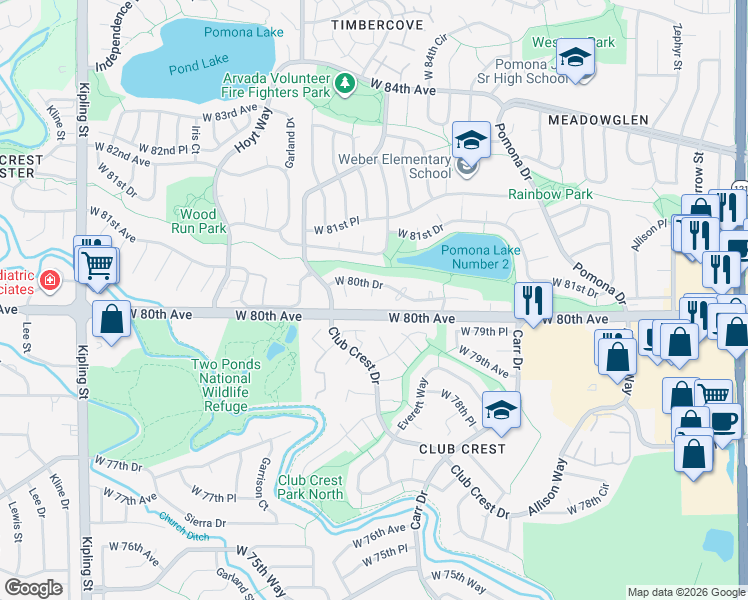 map of restaurants, bars, coffee shops, grocery stores, and more near 8002 Field Court in Arvada