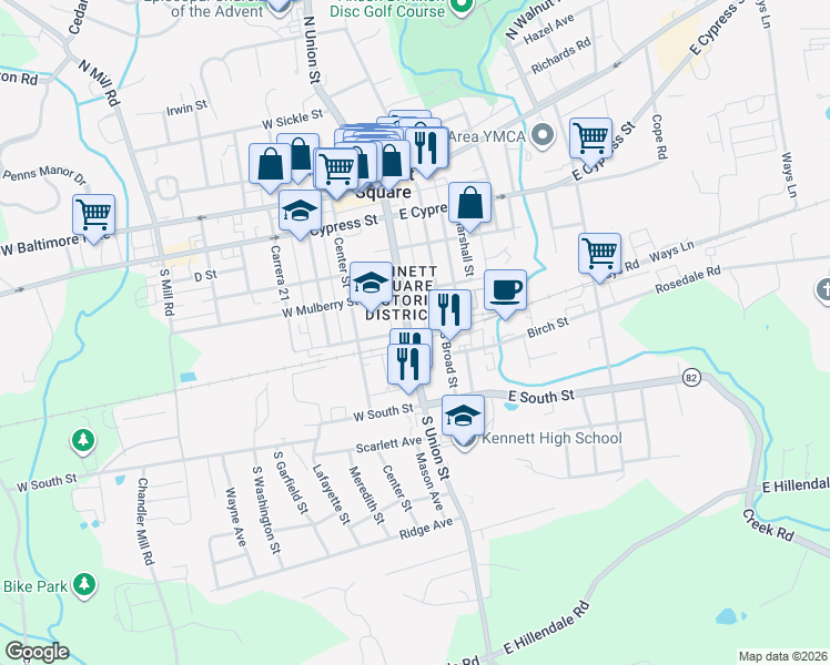 map of restaurants, bars, coffee shops, grocery stores, and more near 412 South Union Street in Kennett Square