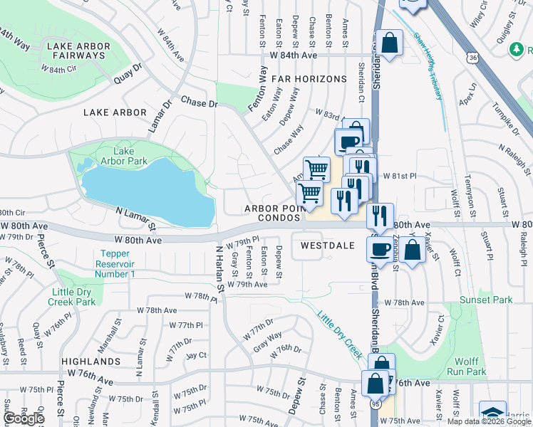 map of restaurants, bars, coffee shops, grocery stores, and more near 8052 Fenton Court in Arvada