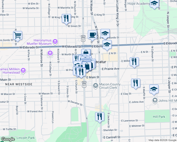 map of restaurants, bars, coffee shops, grocery stores, and more near 239-299 North Water Street in Decatur