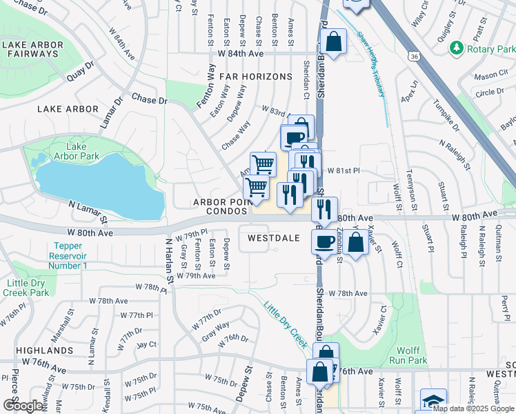 map of restaurants, bars, coffee shops, grocery stores, and more near 8050 Chase Dr in Arvada